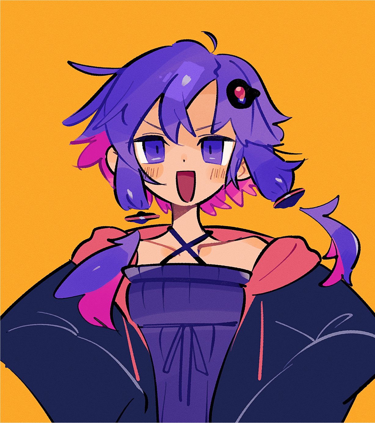 1girl, adpx, black_hoodie, blush, collarbone, criss-cross_halter, dot_nose, doyagao