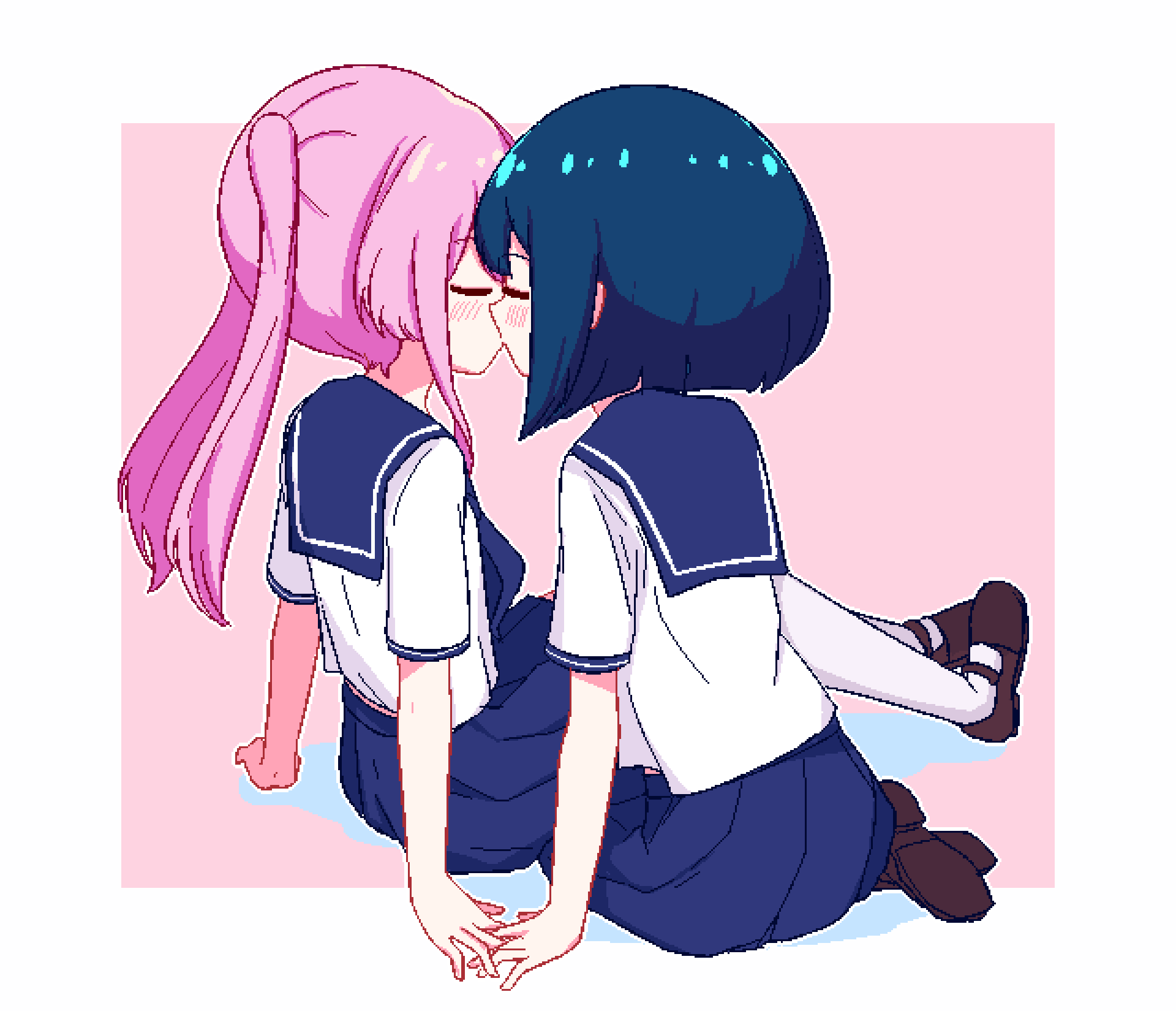 2girls, bangs, blue_hair, blue_neckerchief, blue_sailor_collar, blue_skirt, blush, bob_cut