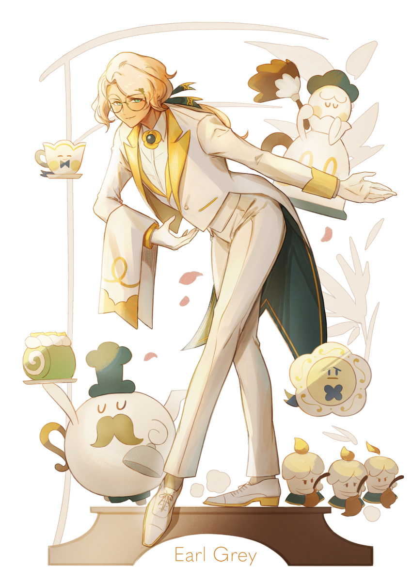 1boy, absurdres, bangs, blonde_hair, bowing, brooch, cake, candle