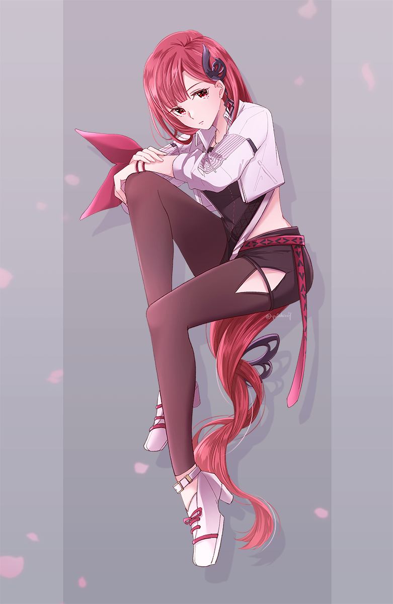 1girl, aria_(harvestella), belt, black_pantyhose, black_shirt, black_shorts, closed_mouth, clothing_cutout, commentary_request, earrings, grey_background, hair_ornament, harvestella, highres, invisible_chair, jacket, jewelry, long_hair, looking_at_viewer, necklace, open_clothes, open_jacket, pantyhose, red_belt, red_eyes, redhead, shirt, shoes, shorts, sitting, sleeves_rolled_up, solo, twitter_username, very_long_hair, white_footwear, white_jacket, yutohiroya
