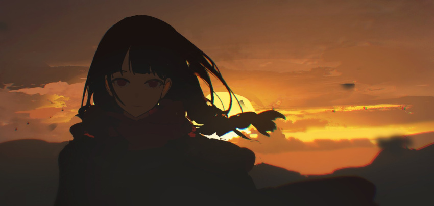 1girl, backlighting, bangs, black_hair, blunt_bangs, braid, chongzhen_085, chromatic_aberration