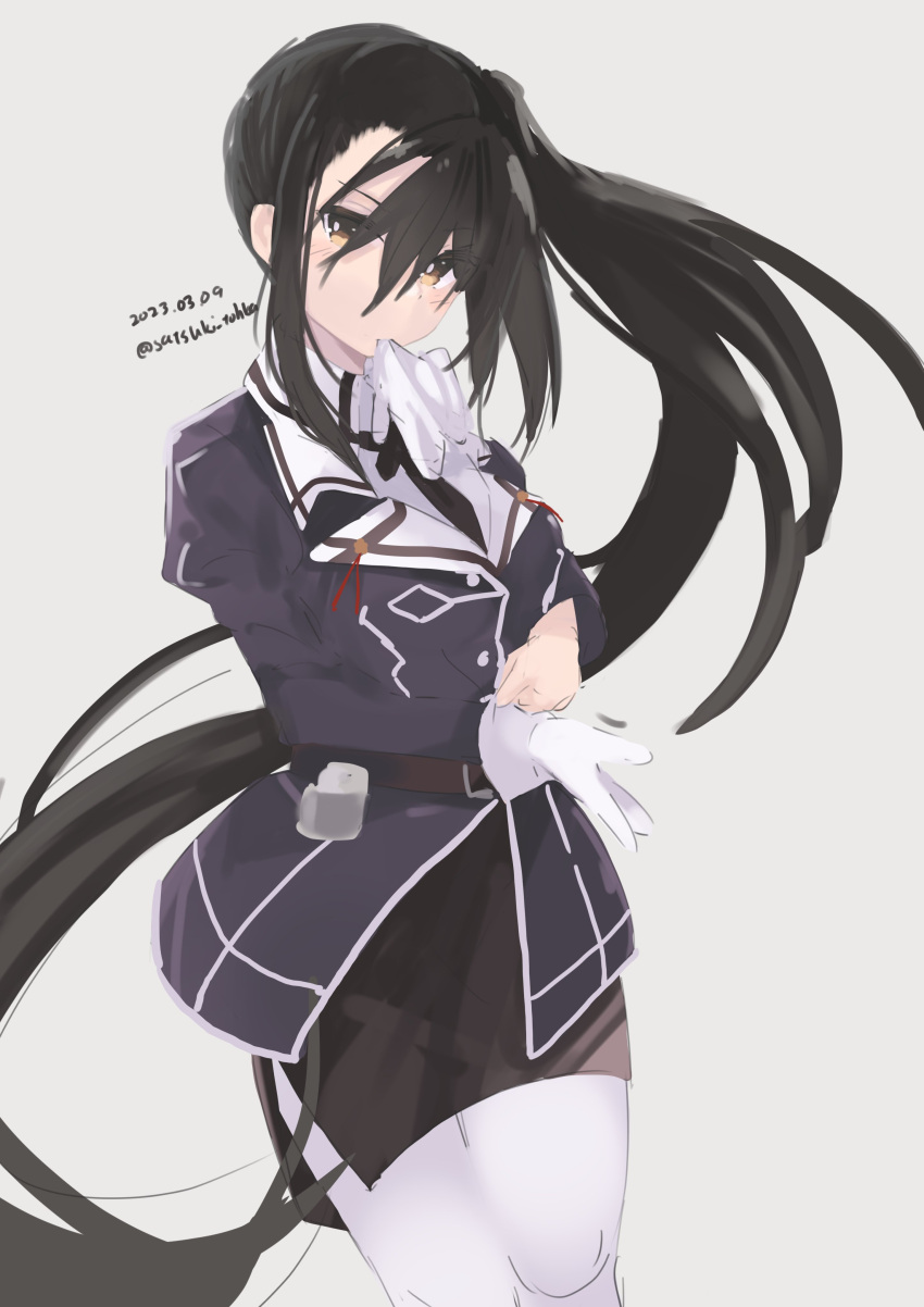 1girl, absurdres, black_hair, black_skirt, brown_eyes, cowboy_shot, dated, glove_in_mouth