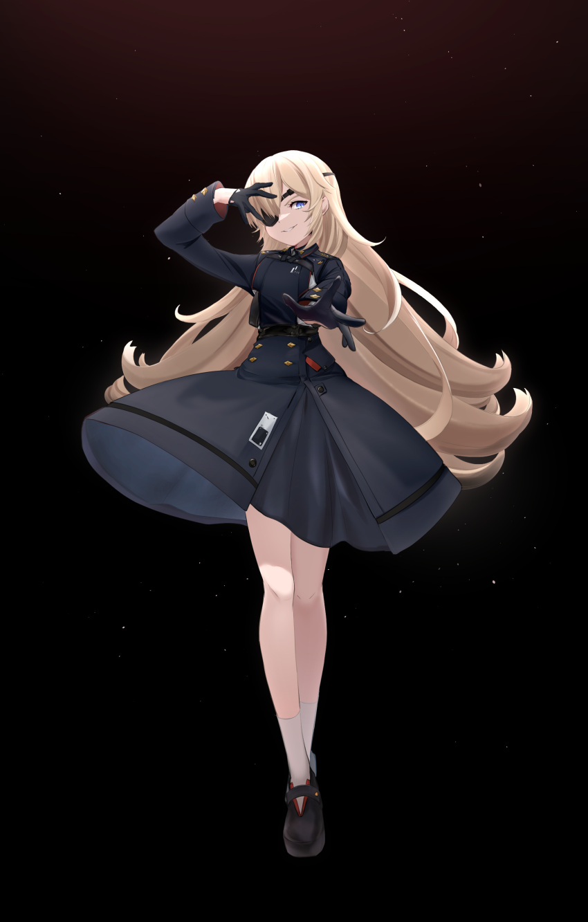 absurdres, arm_up, black_dress, black_footwear, black_gloves, black_skirt, blonde_hair, blue_eyes