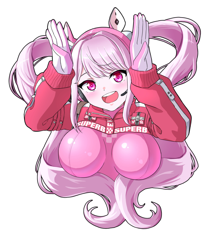 1girl, :d, absurdres, alice_(nikke), animal_ear_headphones, animal_ears, bangs, bodysuit