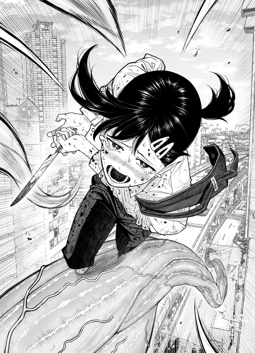 1girl, absurdres, bangs, black_hair, blood, blood_on_clothes, blood_on_face, blood_on_knife