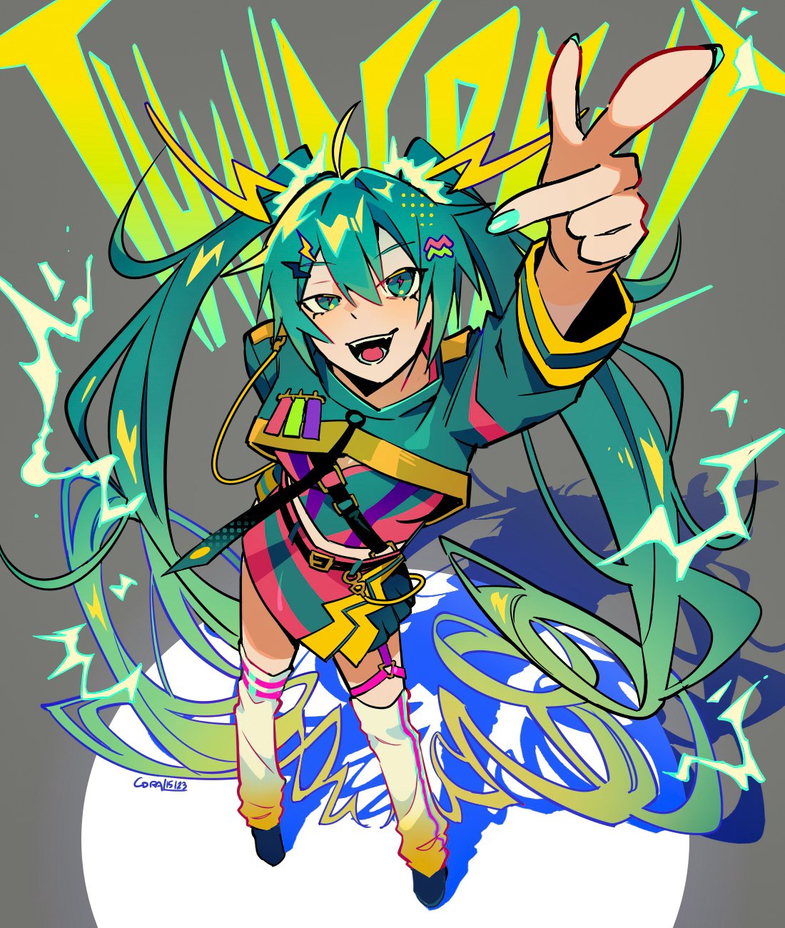 1girl, ahoge, alternate_costume, aqua_eyes, aqua_hair, aqua_sleeves, arm_behind_back, arm_up