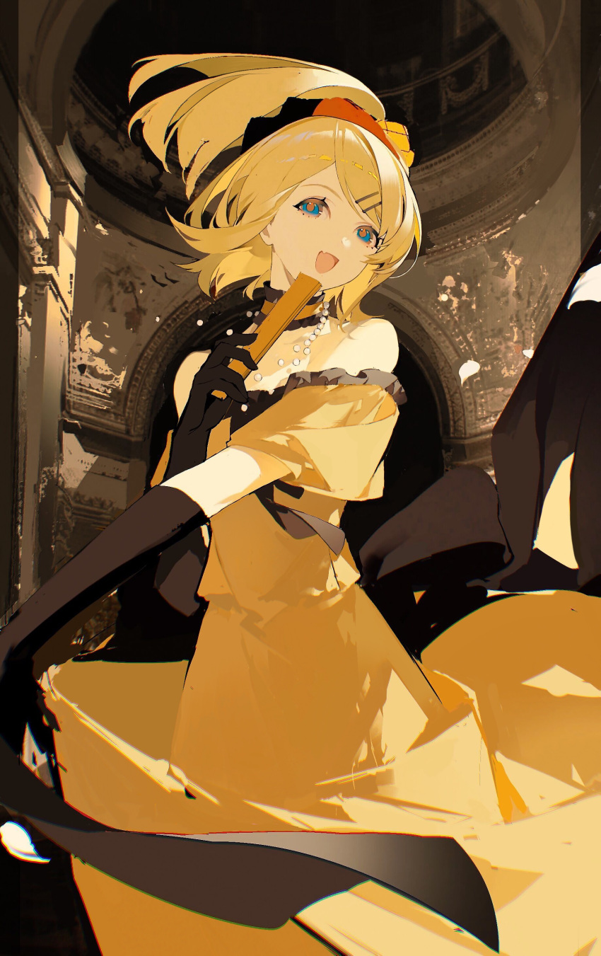 1girl, absurdres, alternate_costume, bare_shoulders, black_gloves, blonde_hair, blue_eyes, broken_necklace