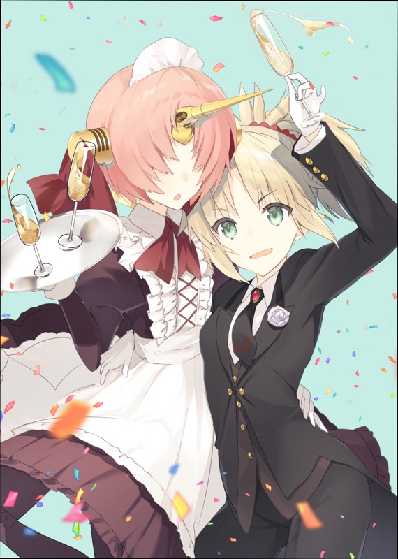 2girls, apron, aqua_background, black_necktie, black_pants, black_suit, blonde_hair, butler