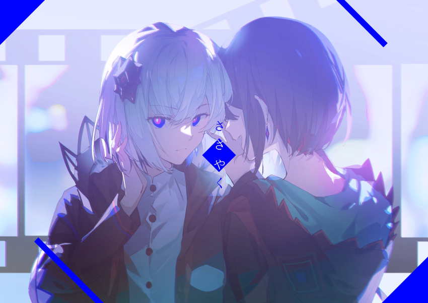 2girls, absurdres, alternate_hair_color, bangs, black_hair, black_jacket, bloom, blue_eyes