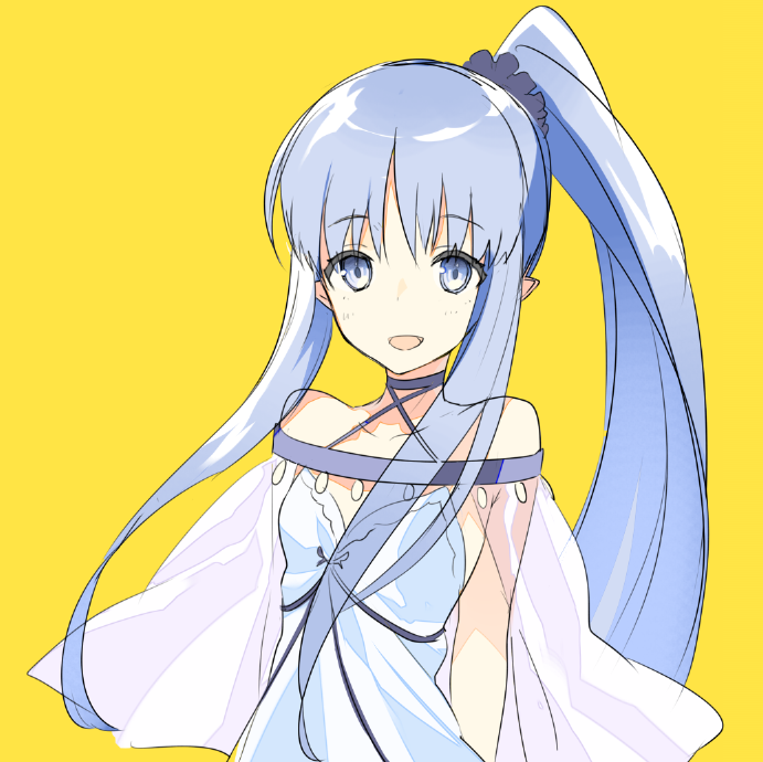 1girl, :d, bare_shoulders, blue_eyes, blue_hair, choker, commentary, criss-cross_halter