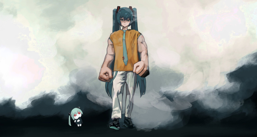 1girl, 1other, absurdres, aimaina, aqua_eyes, aqua_hair, aqua_necktie, boots
