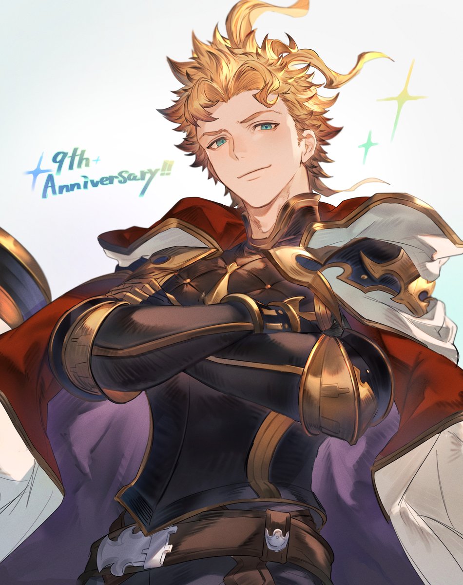 1boy, ahoge, anniversary, armor, belt, black_armor, blonde_hair, blue_eyes