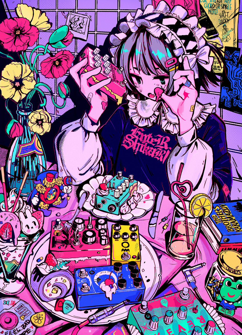 1girl, bandaid, bandaid_on_hand, black_shirt, book, cake, cd, cherry, crazy_straw, crisalys, cup, drinking_straw, duel_monster, effects_pedal, flower, food, fork, frilled_hairband, frills, fruit, grey_hair, hair_ornament, hairband, hairclip, halftone, hands_up, highres, holding, knife, lemon, lemon_slice, long_sleeves, open_mouth, original, parfait, plant, plate, plectrum, pocky, poster_(object), print_shirt, red_flower, shadow, shirt, solo, strawberry, table, tile_wall, tiles, time_wizard, upper_body, wire, yellow_flower, yu-gi-oh!