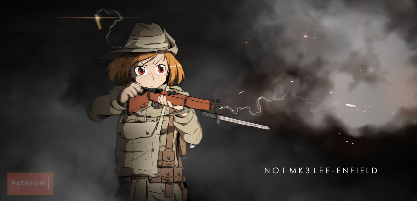 1girl, ammunition_pouch, australia, bag, bangs, bayonet, belt, black_background