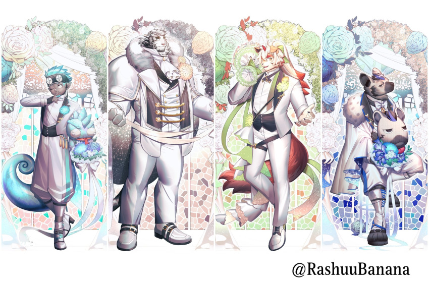 4boys, alternate_costume, animal_ears, aqua_hair, arknights, bouquet, chameleon_tail, dark-skinned_male, dark_skin, dog_boy, dress, ethan_(arknights), facial_hair, floral_background, flower, formal, fur_trim, furry, furry_male, goatee, goggles, goggles_on_head, highres, holding, holding_bouquet, horns, hung_(arknights), hyena_boy, hyena_ears, jacket, large_hands, long_hair, looking_at_viewer, male_focus, mountain_(arknights), multiple_boys, muscular, muscular_male, pants, pointy_ears, rashuubanana, short_hair, single_horn, smile, spot_(arknights), suit, tail, thick_eyebrows, thighs, tiger_boy, tiger_ears, wedding, wedding_dress, white_fur, white_jacket, white_pants, white_suit