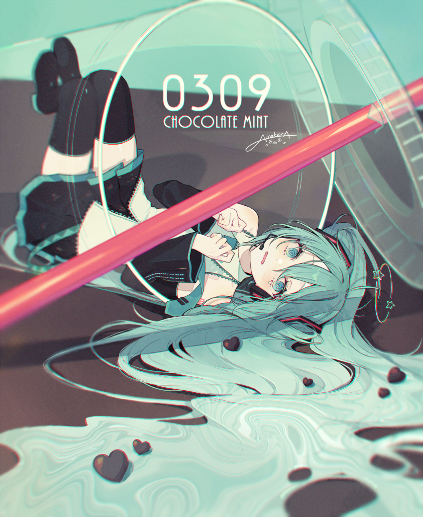 1girl, 39, @_@, akakura, aqua_eyes, aqua_hair, aqua_necktie, bangs, bare_shoulders, black_footwear, black_skirt, black_sleeves, boots, candy, chocolate, chromatic_aberration, commentary_request, cup, detached_sleeves, disposable_cup, drinking_straw, food, grey_shirt, hair_between_eyes, hair_ornament, hatsune_miku, headset, heart, heart-shaped_chocolate, highres, in_container, in_cup, long_bangs, long_hair, looking_at_viewer, lying, miku_day, minigirl, necktie, on_back, pleated_skirt, seeing_stars, shirt, signature, skirt, sleeveless, sleeveless_shirt, solo, spill, thigh_boots, tie_clip, twintails, very_long_hair, vocaloid, white_shirt, zettai_ryouiki