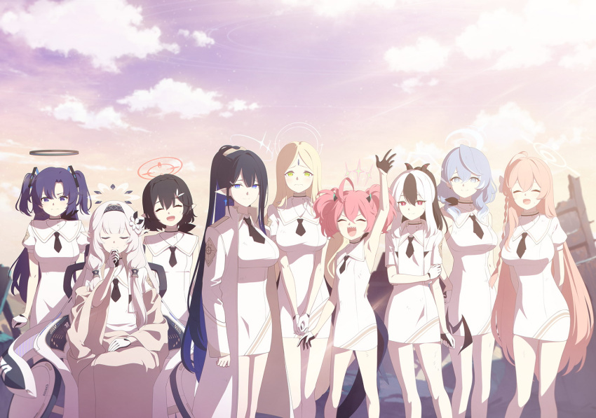 6+girls, ako_(blue_archive), alternate_costume, arm_up, armpits, ayane_(blue_archive), ayumu_(blue_archive), bad_link