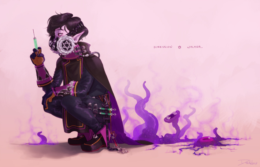 1boy, black_footwear, black_hair, cape, character_name, colored_skin, dimension_walker_(dungeon_and_fighter), doxolove