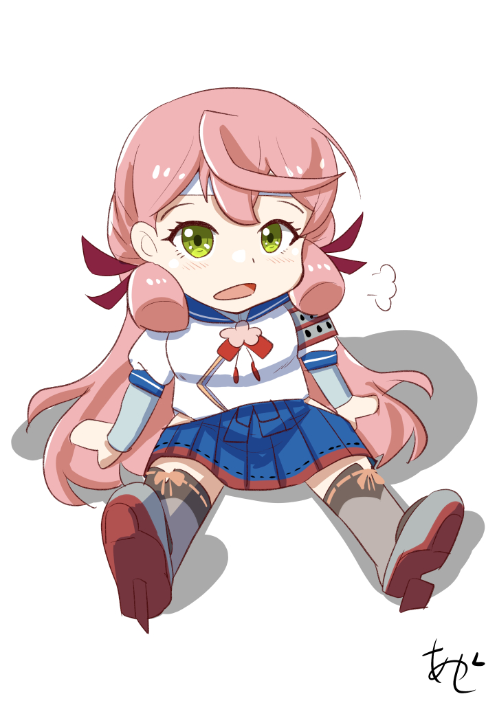 1girl, akashi_(kancolle), akashieru, artist_logo, blue_skirt, blunt_tresses, chibi, commentary_request, green_eyes, hair_ribbon, hip_vent, kantai_collection, long_hair, long_sleeves, looking_at_viewer, pink_hair, pleated_skirt, ribbon, school_uniform, serafuku, simple_background, sitting, skirt, solo, thigh-highs, tress_ribbon, white_background