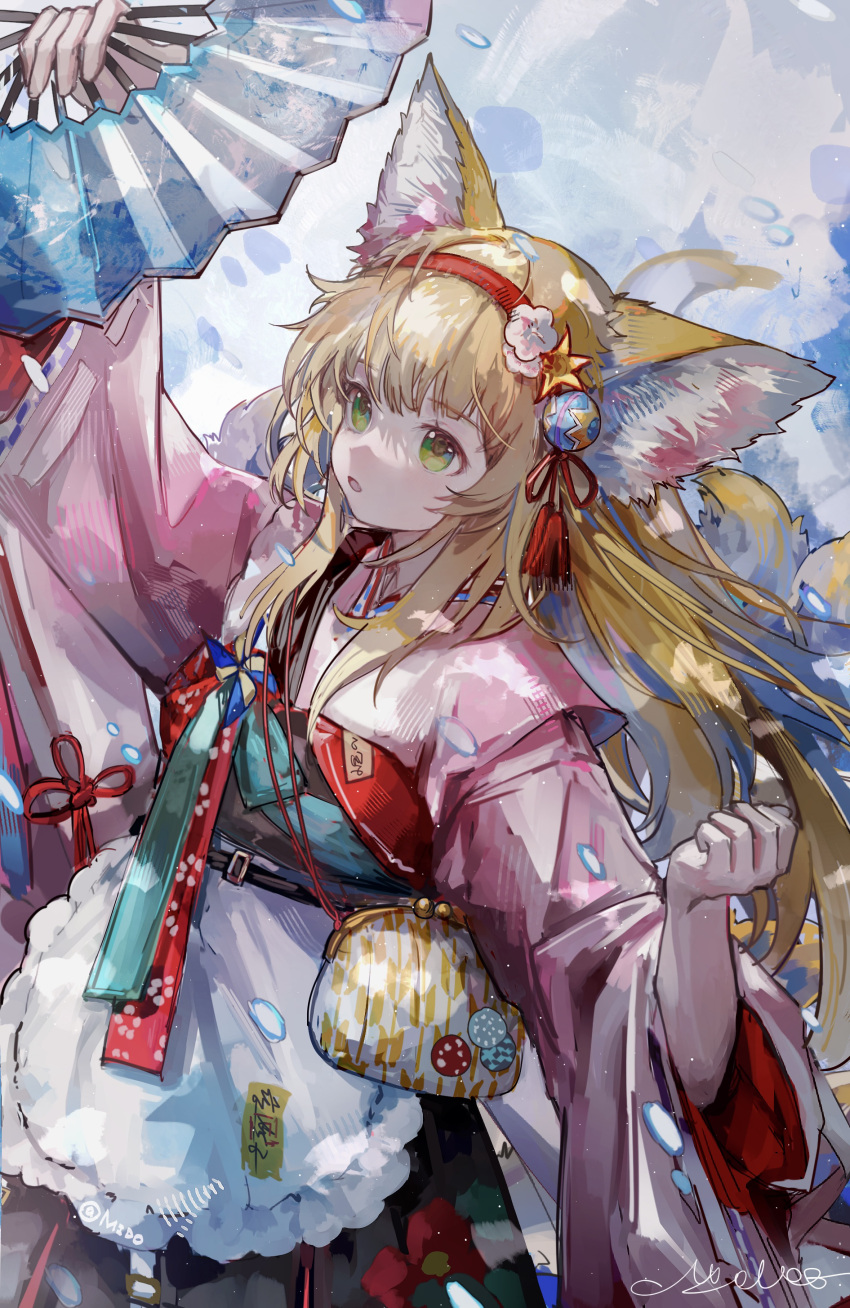 1girl, absurdres, animal_ear_fluff, animal_ears, apron, arknights, bangs, black_hakama, black_skirt, blonde_hair, coin_purse, commentary, cowboy_shot, floral_print, flower, folding_fan, fox_ears, fox_girl, fox_tail, frilled_apron, frills, from_above, green_eyes, hair_flower, hair_ornament, hairband, hakama, hakama_skirt, hand_fan, hands_up, highres, japanese_clothes, kimono, kyuubi, long_hair, long_sleeves, mido_(mido_chen), multiple_tails, obi, parted_lips, pink_kimono, pinwheel, red_hairband, rose_print, sash, skirt, solo, standing, suzuran_(arknights), suzuran_(yukibare)_(arknights), tail, tassel, waist_apron, white_apron, wide_sleeves, yagasuri