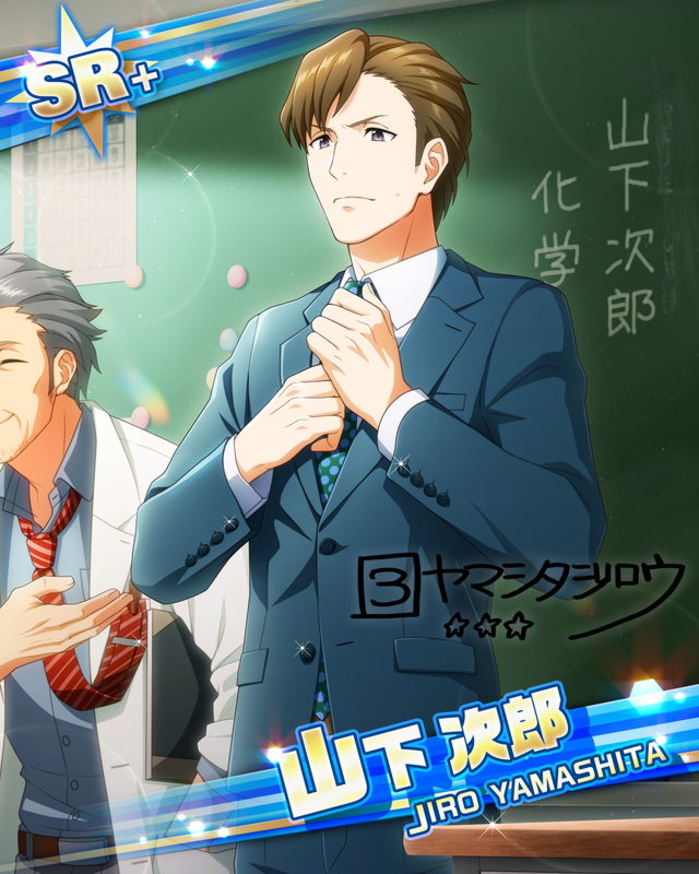 2boys, adjusting_clothes, adjusting_necktie, brown_hair, buttons, card_(medium), chalkboard, character_name