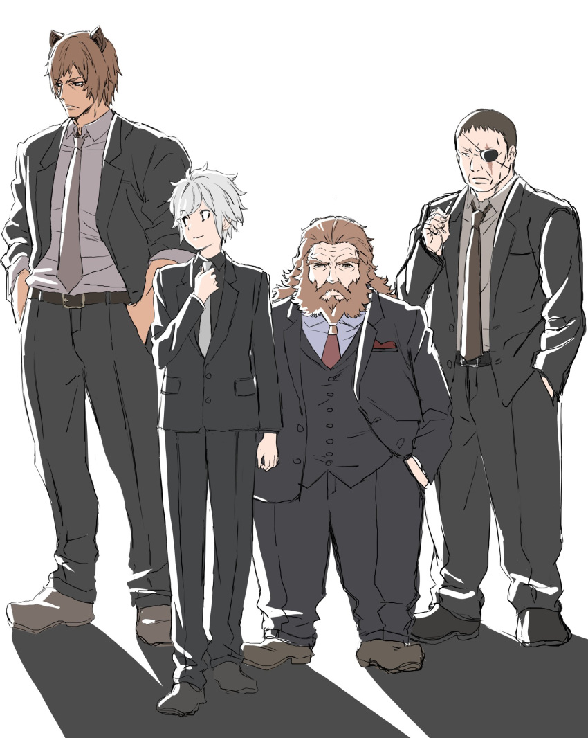 4boys, animal_ears, beard, bell_cranel, belt, black_footwear, black_pants, black_shirt, black_undershirt, bord_elder, brown_footwear, brown_hair, buttons, cigarette, collared_shirt, dungeon_ni_deai_wo_motomeru_no_wa_machigatteiru_darou_ka, eyepatch, facial_hair, formal, gareth_landrock, grey_shirt, hair_down, hands_in_pockets, highres, holding, holding_cigarette, long_hair, long_sleeves, looking_at_viewer, looking_to_the_side, multiple_boys, necktie, open_clothes, open_shirt, ottar, pants, sasamoto_(7msaaxt6qto3joj), scar, scar_on_face, shadow, shirt, short_hair, simple_background, suit, white_background