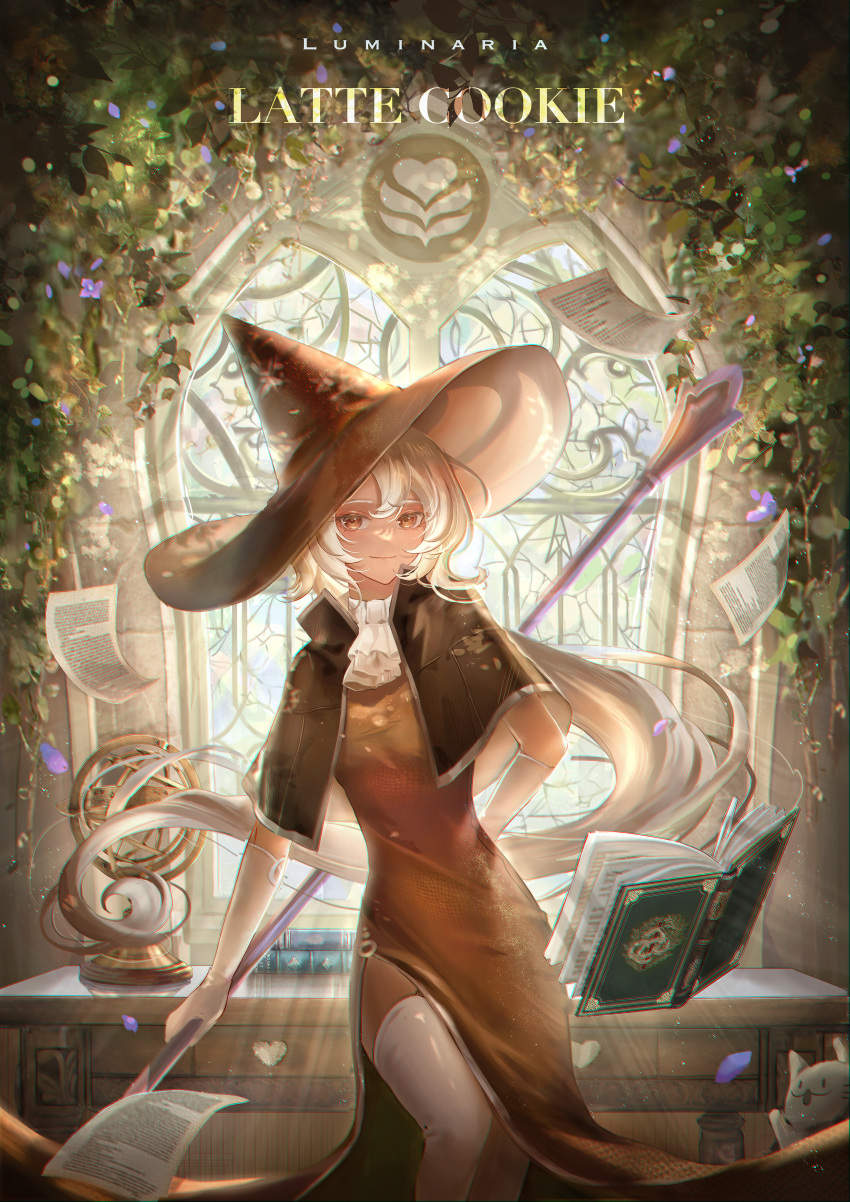 1girl, absurdres, arm_behind_back, armillary_sphere, artist_name, ascot, black_capelet, book