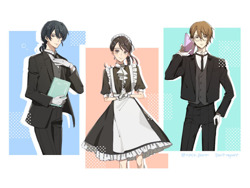 1girl, 2boys, black_hair, brown_hair, butler, commentary, long_hair, maid, multiple_boys, munakata_souta, ponytail, serizawa_tomoya, suzume_(suzume_no_tojimari), suzume_no_tojimari