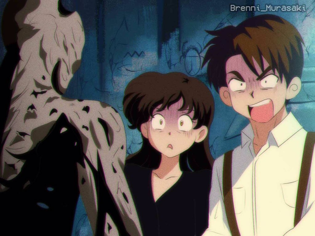 1990s_(style), 1girl, 2boys, animification, artist_name, brenni_murasaki, brown_hair, english_text, evelyn_carnahan, holster, imhotep_(the_mummy), multiple_boys, mummy, open_mouth, retro_artstyle, rick_o'connell, scared, surprised, the_mummy