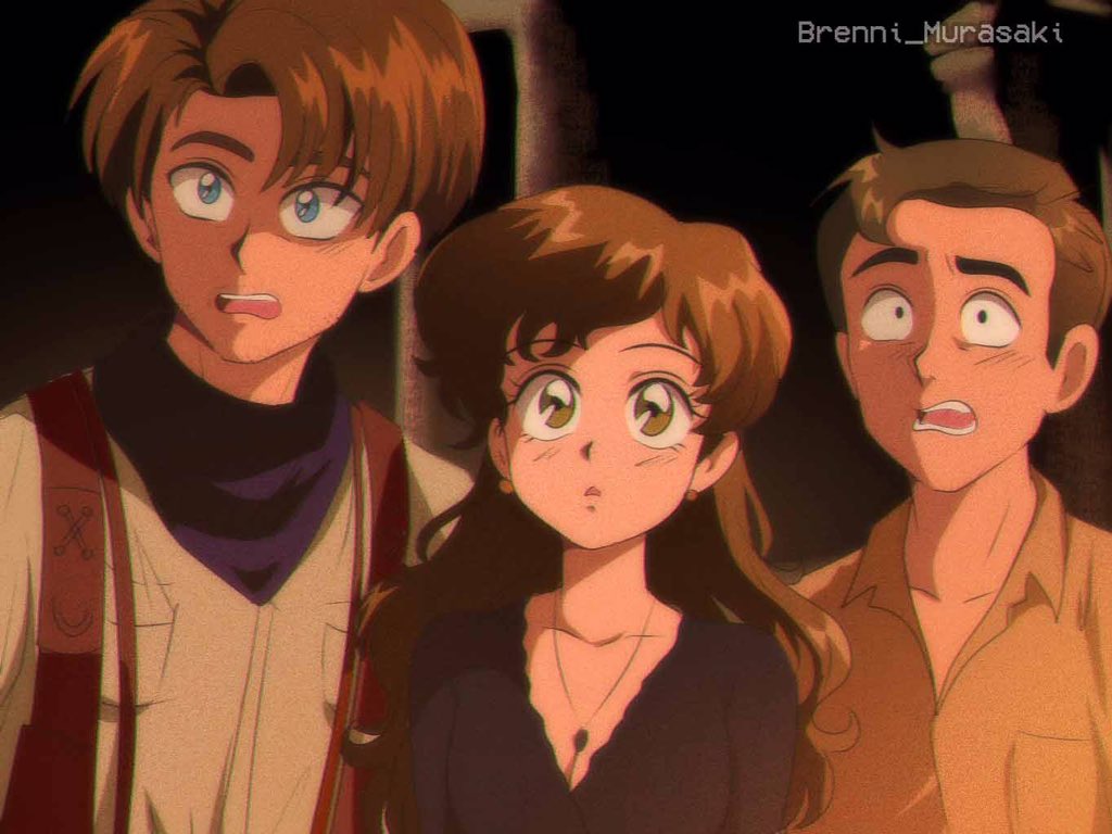 1990s_(style), 1girl, 2boys, animification, artist_name, bandana, blue_eyes, blush, brenni_murasaki, brother_and_sister, earrings, english_text, evelyn_carnahan, green_eyes, holster, jewelry, jonathan_carnahan, long_hair, multiple_boys, retro_artstyle, rick_o'connell, short_hair, siblings, surprised, the_mummy