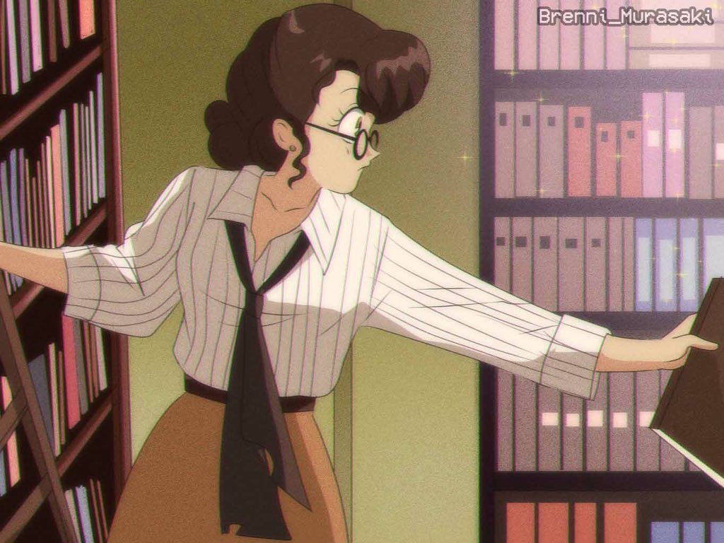 1990s_(style), 1girl, animification, artist_name, book, brenni_murasaki, brown_hair, earrings, english_text, evelyn_carnahan, glasses, holding, holding_book, jewelry, ladder, librarian, library, retro_artstyle, solo, sparkle_background, the_mummy
