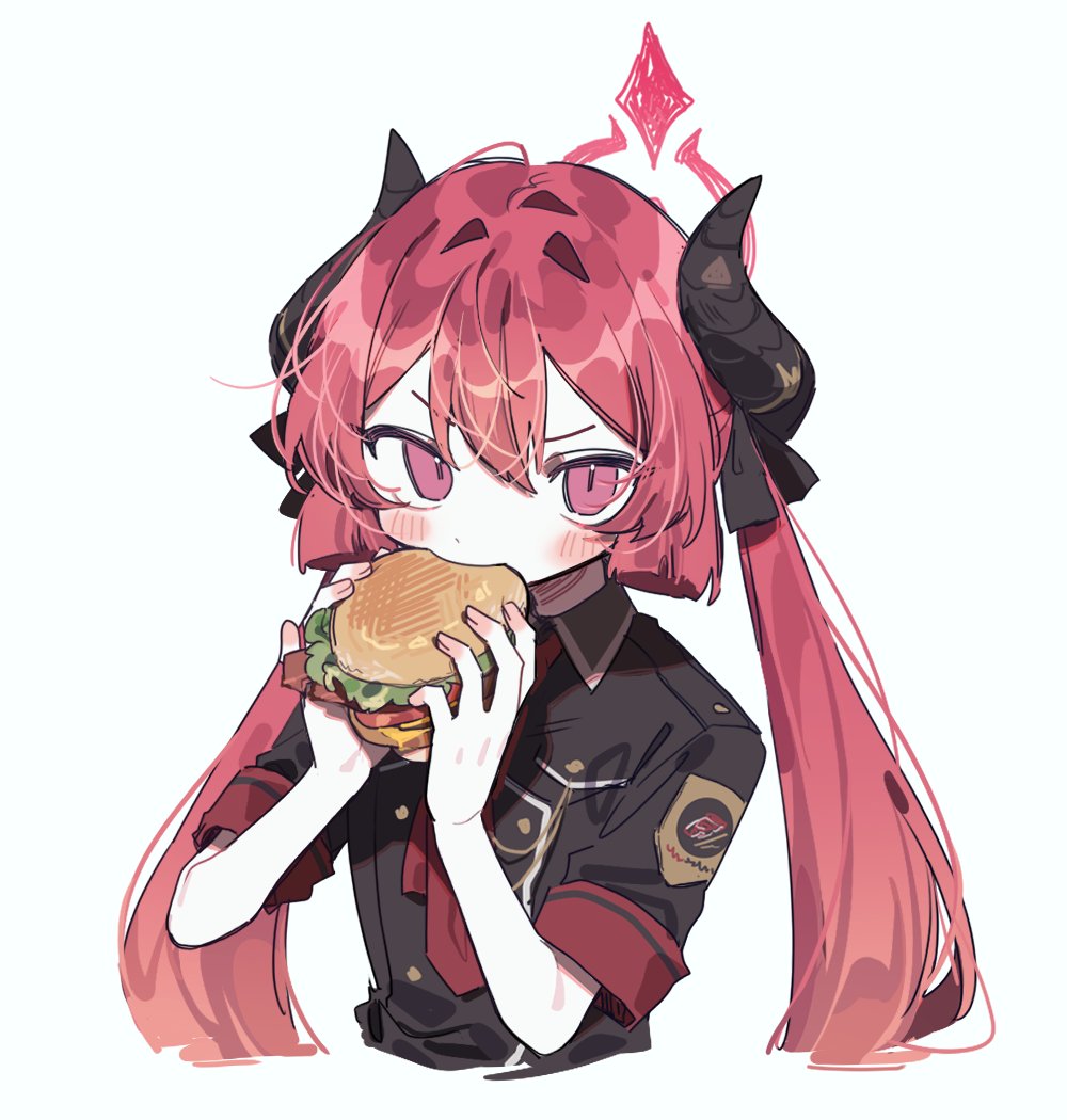 1girl, black_horns, black_ribbon, black_shirt, blue_archive, blush, burger, dbffnj9yodnccnd