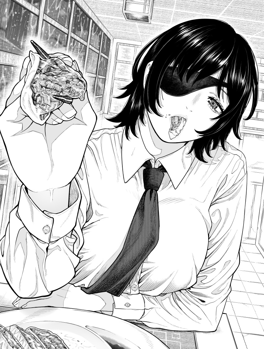 1girl, absurdres, bangs, bow, bowtie, breasts, business_suit, chainsaw_man, chopsticks, collared_shirt, commentary, dumpling, eating, eyepatch, feeding, food, food_in_mouth, formal, greyscale, highres, himeno_(chainsaw_man), holding, holding_chopsticks, jiaozi, kanazawa_shinnosuke, large_breasts, looking_at_viewer, monochrome, one_eye_covered, plate, shirt, short_hair, sidelocks, suit