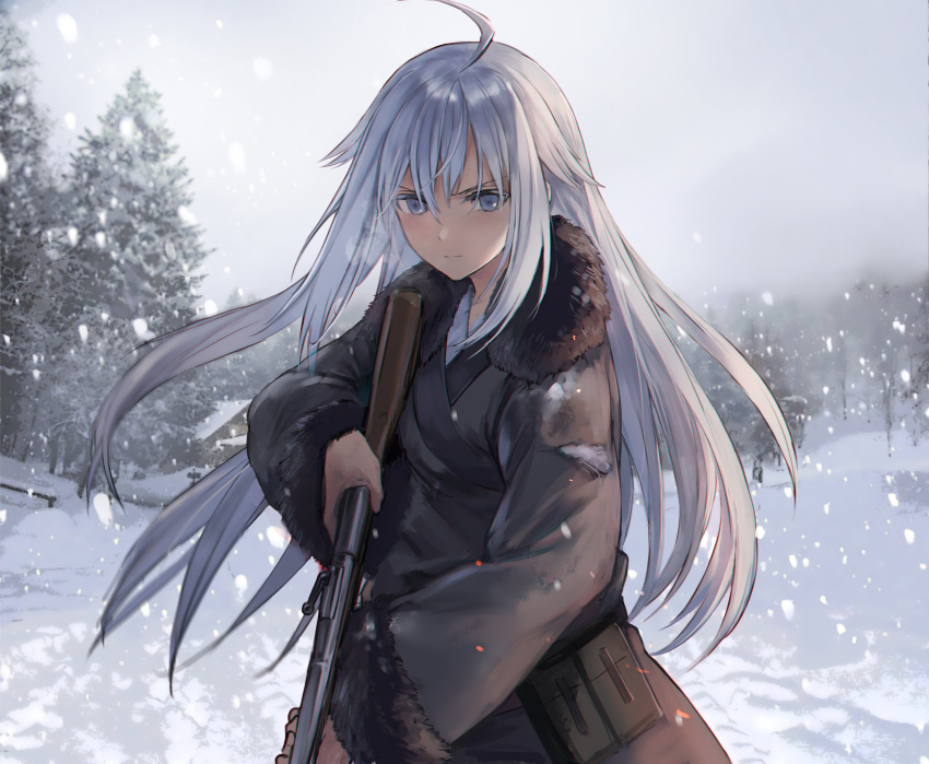 1girl, absurdres, artist_request, black_jacket, blue_eyes, bolt_action, fur-trimmed_jacket, fur_trim