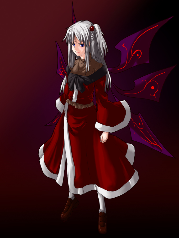 blue_eyes, bow, hair_bobbles, hair_ornament, long_hair, m134, multiple_wings, shinki, side_ponytail, silver_hair, smile, solo, touhou, wings