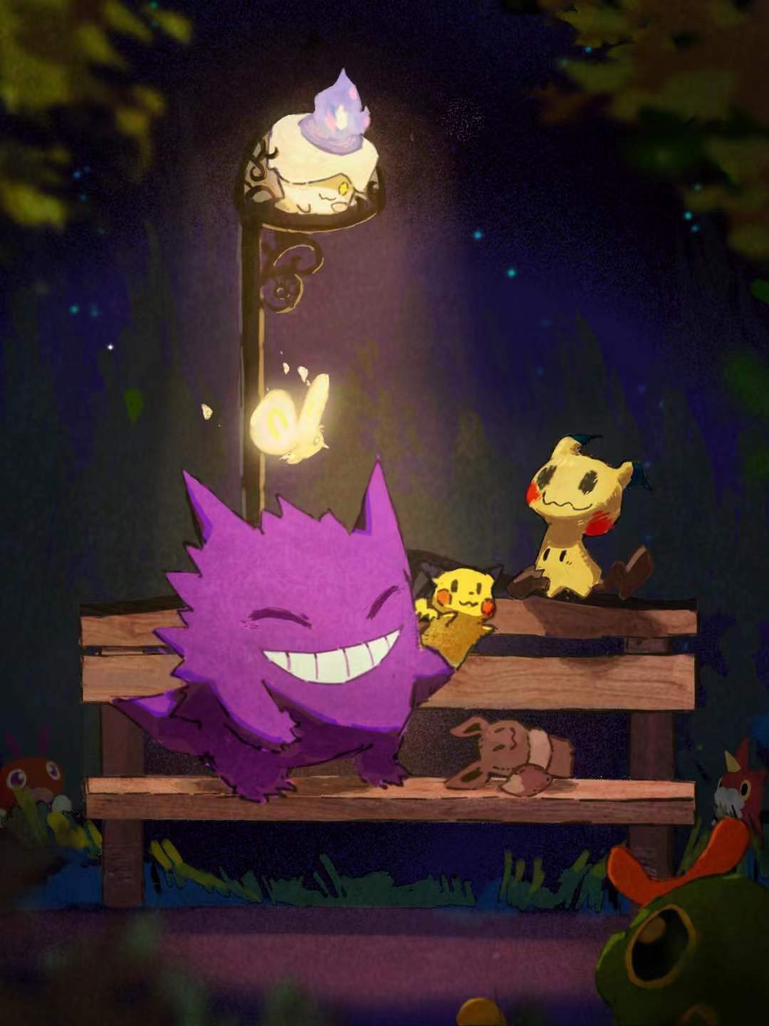 :3, ^_^, arc_draws, bench, blurry, blurry_foreground, candle, caterpie