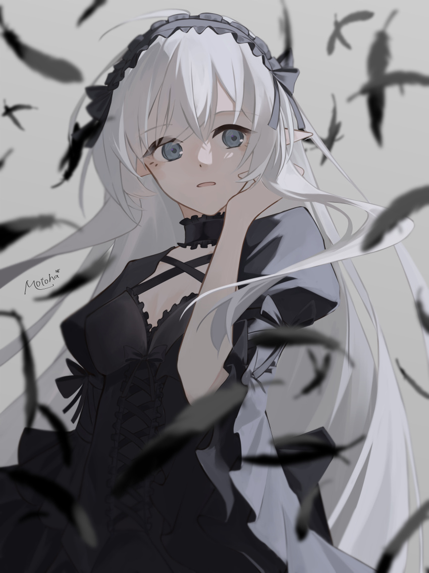 1girl, absurdres, bangs, black_bow, black_dress, black_feathers, black_headdress, blue_eyes