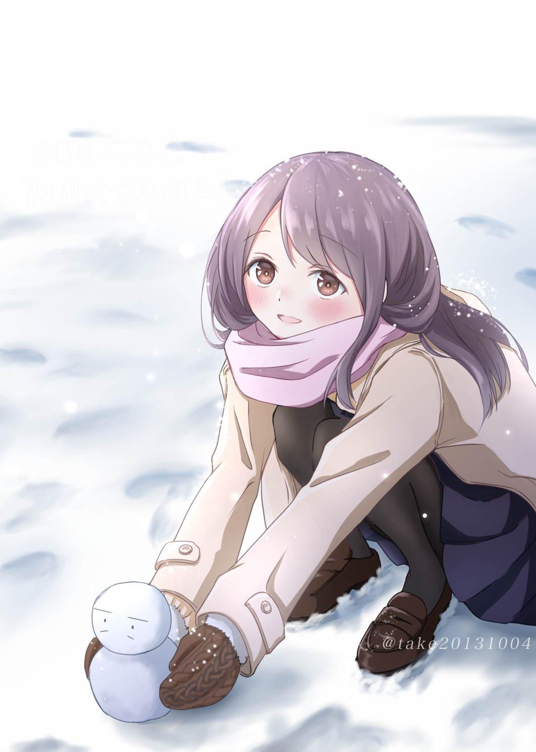 1girl, black_pantyhose, brown_eyes, brown_footwear, brown_hair, brown_mittens, coat, day
