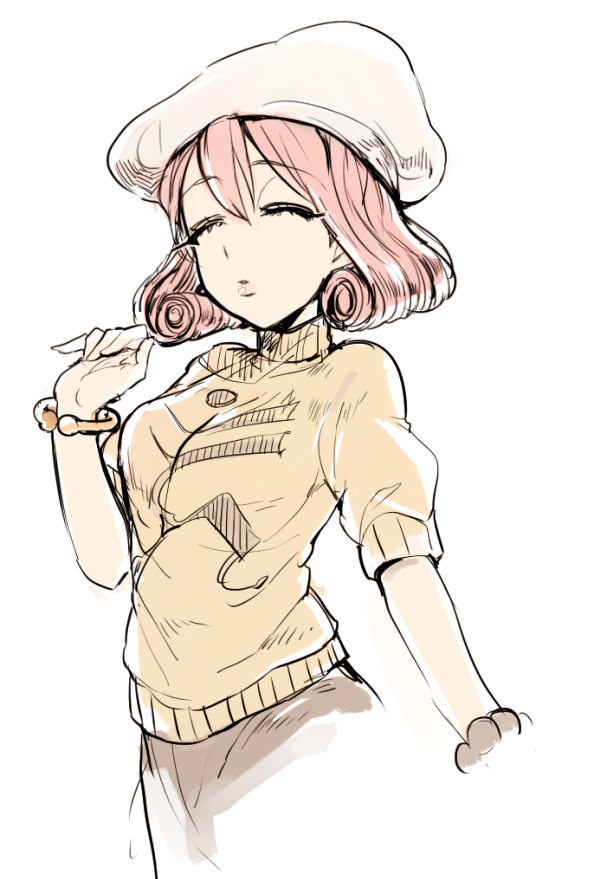 1girl, ace_attorney, beret, bracelet, closed_eyes, cropped_hand, hat, ini_miney, jewelry, lgw7, medium_hair, pink_hair, short_sleeves, simple_background, solo, standing, sweater, white_background, white_headwear, yellow_sweater