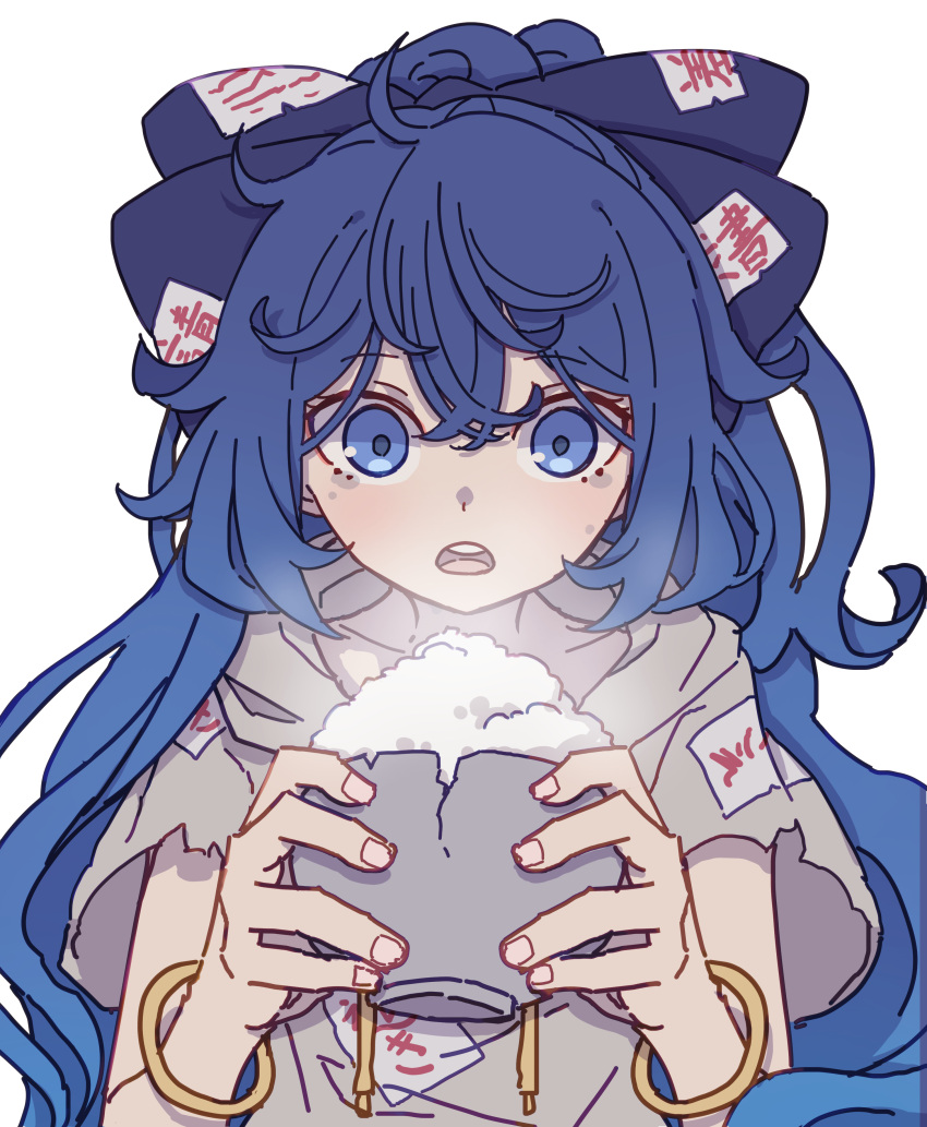 1girl, absurdres, bangle, bangs, blue_bow, blue_hair, bow, bowl, bracelet, cracked_bowl, d:, duplicate, fingernails, glowing, hair_between_eyes, hair_bow, highres, holding, holding_bowl, jewelry, kame_(kamepan44231), light_blush, long_hair, looking_down, open_mouth, pixel-perfect_duplicate, rice, round_teeth, simple_background, solo, teeth, torn, touhou, upper_body, upper_teeth_only, white_background, wide-eyed, yorigami_shion
