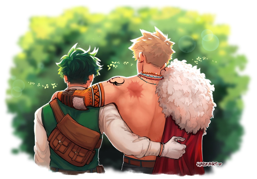 2boys, arm_around_shoulder, artist_name, back, bakugou_katsuki, blonde_hair, boku_no_hero_academia, brown_bag