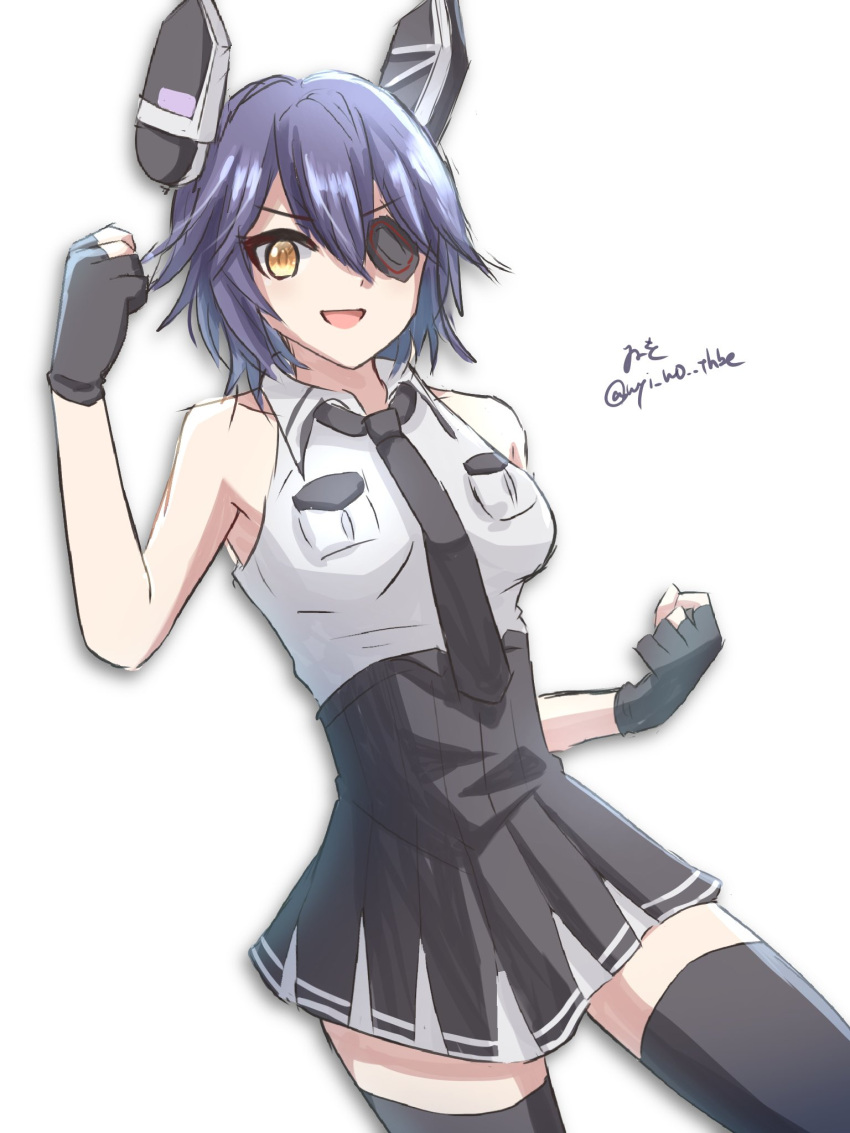 1girl, artist_name, black_gloves, black_skirt, breast_pocket, breasts, checkered_necktie, cowboy_shot