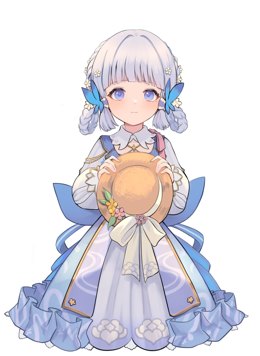 1girl, aged_down, blue_butterfly, blue_dress, blue_hair, blunt_tresses, brown_headwear, bug