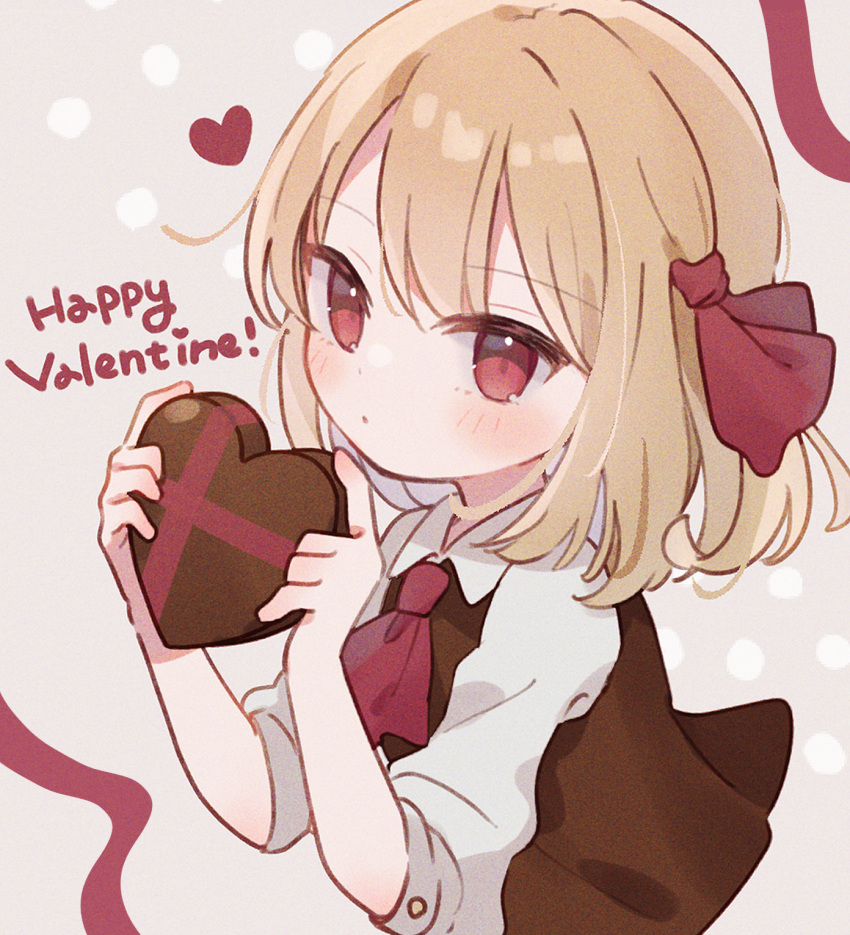 1girl, ascot, bangs, black_vest, blonde_hair, box, commentary, dot_mouth