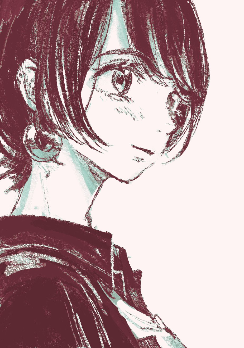 1girl, earrings, greyscale, highres, inuzuka_miwa, jewelry, katahara_(no_108105), monochrome, short_hair, simple_background, solo, tsukiatte_agetemo_ii_kana, upper_body