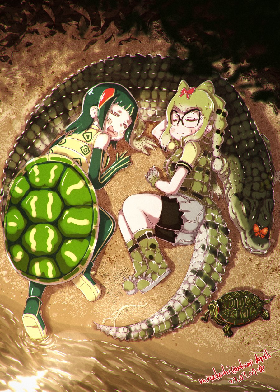 2girls, animal, arm_up, artist_name, bangs, bike_shorts, bike_shorts_under_shorts, blonde_hair, boots, braid, bug, butterfly, closed_eyes, cone_hair_bun, crocodilian, crocodilian_tail, cutoffs, dated, day, double_bun, drooling, elbow_gloves, fingerless_gloves, from_above, full_body, glasses, gloves, green_hair, hair_bun, hand_rest, highres, kemono_friends, long_hair, lying, multicolored_hair, multiple_girls, nakashi_masakumi, on_ground, on_side, on_stomach, open_mouth, outdoors, over-rim_eyewear, peaceful, red-eared_slider_(kemono_friends), redhead, sand, semi-rimless_eyewear, shirt, short_shorts, short_sleeves, shorts, sleeping, smile, spectacled_caiman_(kemono_friends), spiked_footwear, spiked_gloves, spikes, tail, turtle, turtle_shell, twitter_username, vest, water