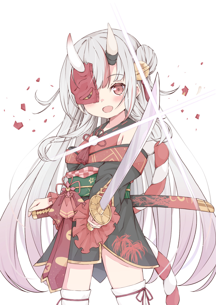 1girl, absurdres, bell, black_kimono, blush, broken_mask, chibi, double_bun, dual_wielding, frilled_sleeves, frills, gold_trim, grey_hair, hair_bell, hair_bun, hair_ornament, highres, holding, hololive, horns, japanese_clothes, jingle_bell, katana, kimono, kouhaku_nawa, kyouwashi, long_hair, long_sleeves, looking_away, mask, multicolored_hair, nakiri_ayame, off_shoulder, oni_horns, oni_mask, open_mouth, red_eyes, rope, sheath, sheathed, shimenawa, short_kimono, smile, solo, streaked_hair, sword, tassel, tassel_hair_ornament, thigh-highs, two_side_up, virtual_youtuber, weapon, white_thighhighs, zettai_ryouiki