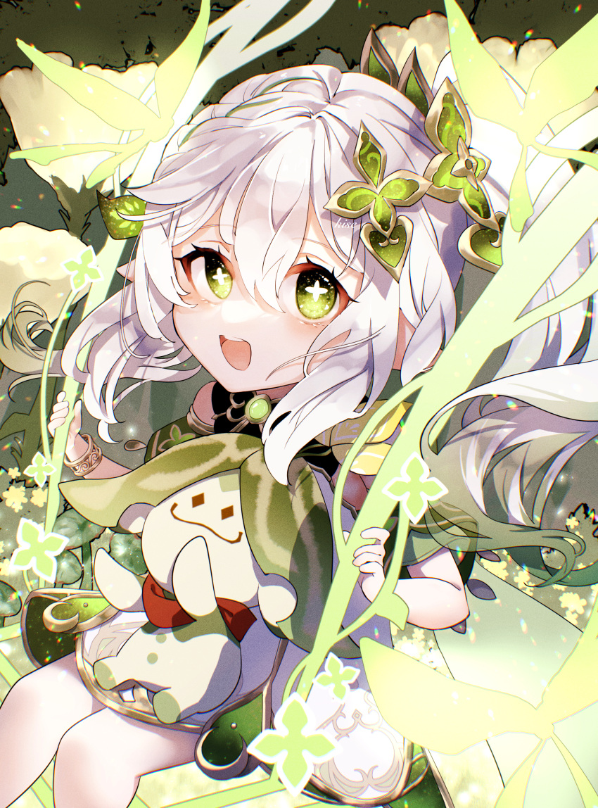1girl, 1other, :d, absurdres, aranara_(genshin_impact), bangs, bracelet, braid, cape, commentary_request, crystalfly_(genshin_impact), detached_sleeves, genshin_impact, gradient_hair, green_eyes, hair_between_eyes, hair_ornament, highres, holding, jewelry, kise_inaka, leaf_hair_ornament, long_hair, looking_at_viewer, multicolored_hair, nahida_(genshin_impact), pointy_ears, short_sleeves, side_ponytail, sidelocks, single_braid, sitting, sitting_on_lap, sitting_on_person, smile, swing, symbol-shaped_pupils, two-tone_hair, white_hair