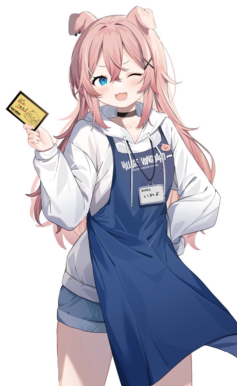 1girl, ;d, animal_ears, apron, blue_apron, blue_eyes, blue_shorts, denim