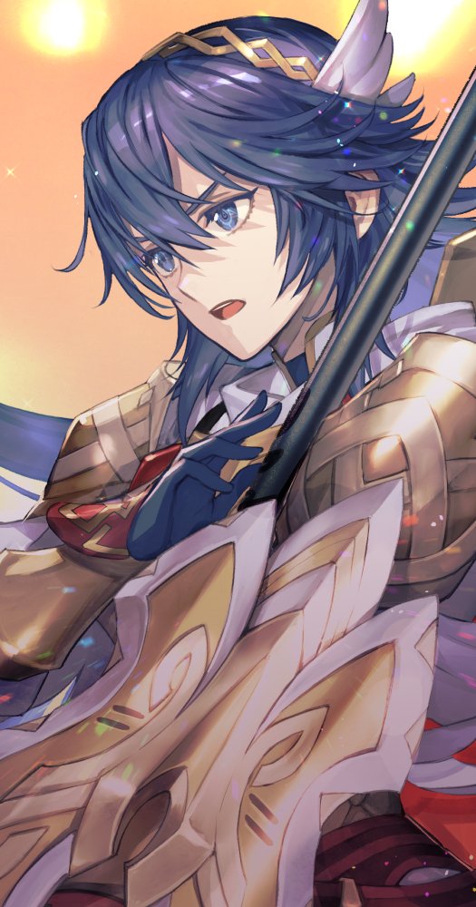 1girl, armor, bangs, blue_eyes, blue_gloves, blue_hair, fire_emblem, fire_emblem_awakening, fire_emblem_heroes, fujikawa_arika, gloves, hair_between_eyes, hair_ornament, holding, holding_polearm, holding_shield, holding_weapon, long_hair, looking_away, lucina_(brave_princess)_(fire_emblem), lucina_(brave_princess)_(resplendent)_(fire_emblem), lucina_(fire_emblem), official_alternate_costume, open_mouth, polearm, shield, shoulder_armor, solo, spear, tiara, weapon, wing_hair_ornament